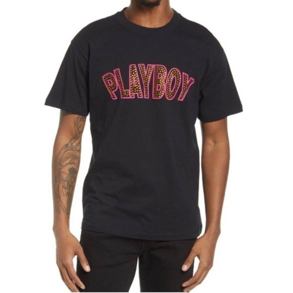 NWT Playboy Rhinestone Logo Black Crewneck T-Shirt Mens Size XXL